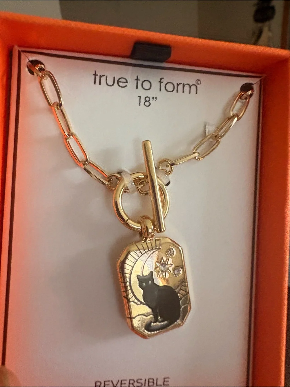 Gold-Tone Cat Pendant Necklace with Black Cat Accent Reversible
